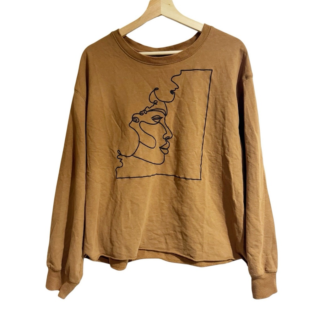 Well Worn Brown Embroidered Single Line Face Cropped Sweatshirt Womens XL Art